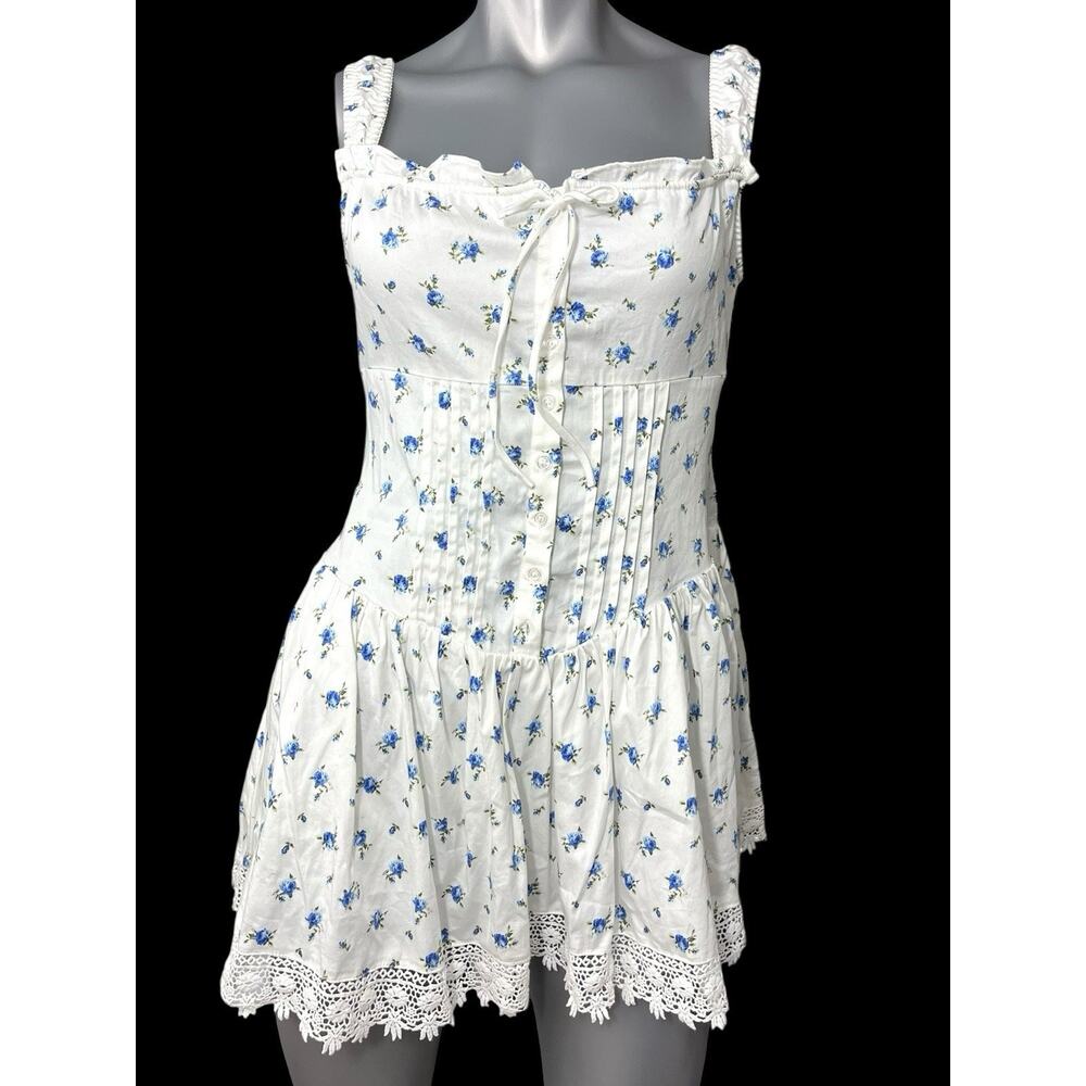 Floral Dress Blue White Medium Milk Maid Farmhouse Mini Forever 21 Y2K Cottage - Picture 2 of 11